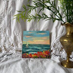 Seascape Sailboat and Beach Original Oil Painting on Board